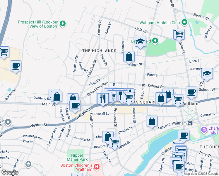 map of restaurants, bars, coffee shops, grocery stores, and more near 50 Hammond Street in Waltham