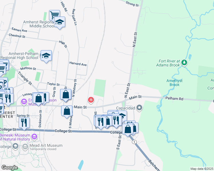 map of restaurants, bars, coffee shops, grocery stores, and more near 63 Salem Street in Amherst
