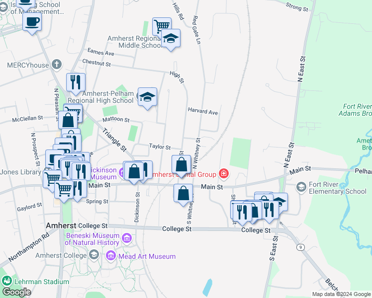 map of restaurants, bars, coffee shops, grocery stores, and more near 60 North Whitney Street in Amherst