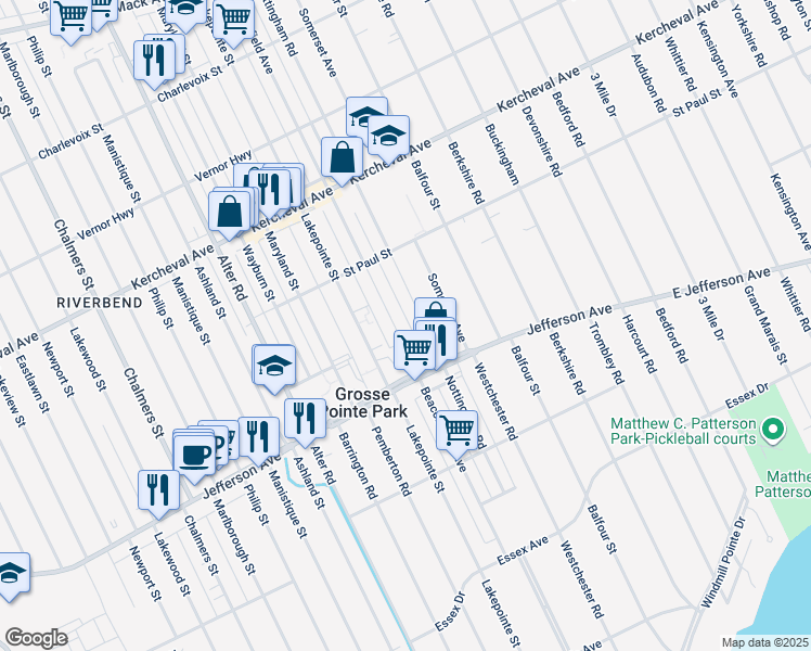 map of restaurants, bars, coffee shops, grocery stores, and more near 1011 Nottingham Road in Grosse Pointe Park