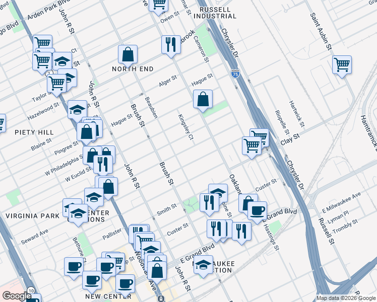 map of restaurants, bars, coffee shops, grocery stores, and more near 544 Mount Vernon Street in Detroit