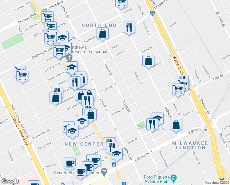 map of restaurants, bars, coffee shops, grocery stores, and more near 324 Melbourne Street in Detroit