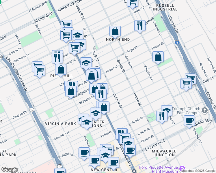 map of restaurants, bars, coffee shops, grocery stores, and more near 8403 John R Street in Detroit