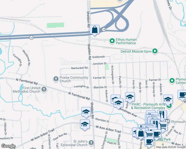 map of restaurants, bars, coffee shops, grocery stores, and more near 559 Sheldon Service Road in Plymouth