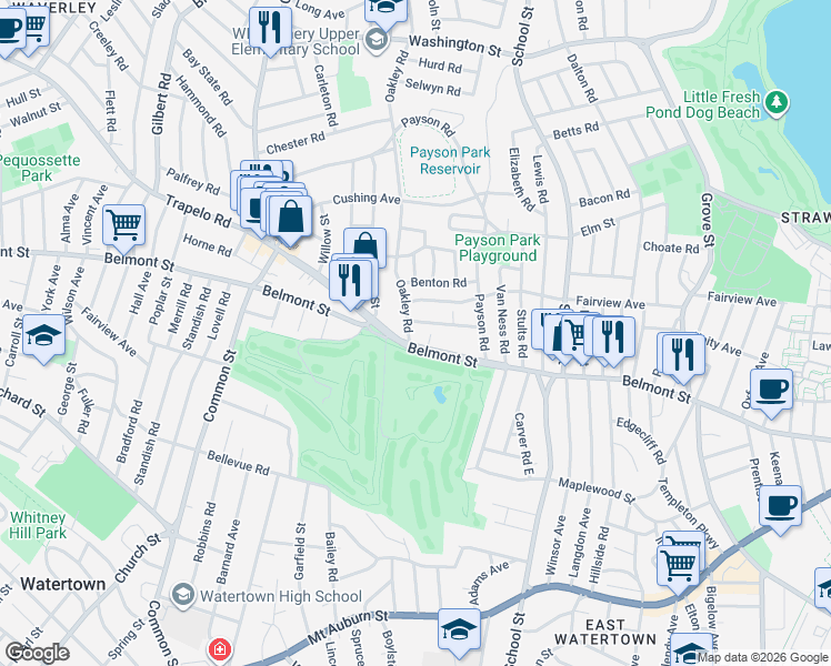 map of restaurants, bars, coffee shops, grocery stores, and more near 9 Oakley Road in Belmont