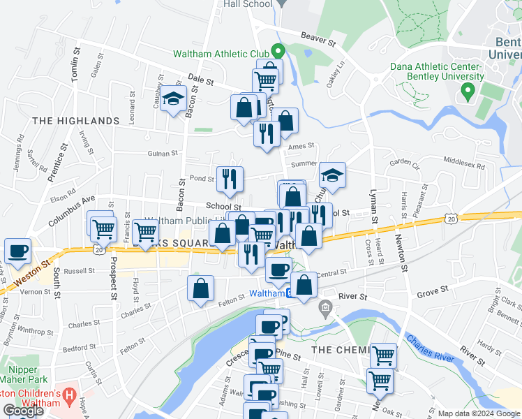 map of restaurants, bars, coffee shops, grocery stores, and more near 133 School Street in Waltham