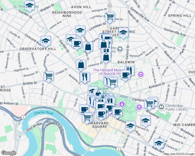 map of restaurants, bars, coffee shops, grocery stores, and more near 50 Follen Street in Cambridge