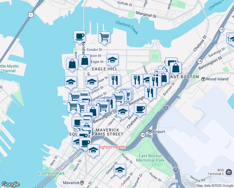 map of restaurants, bars, coffee shops, grocery stores, and more near 143 Princeton Street in Boston