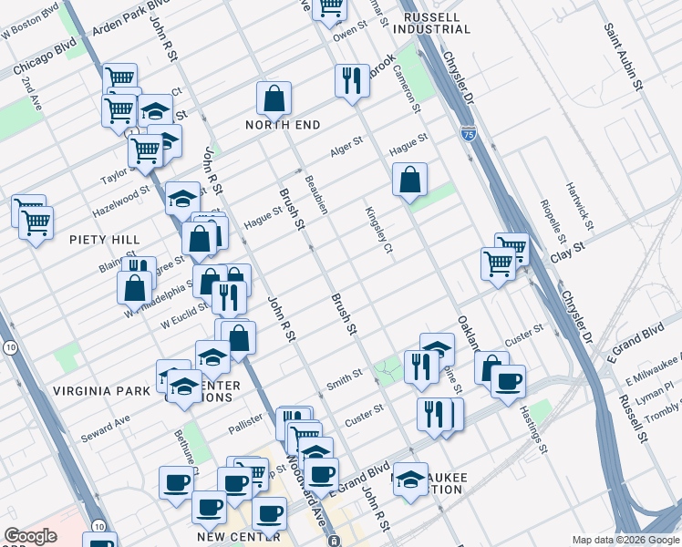 map of restaurants, bars, coffee shops, grocery stores, and more near 451 Mount Vernon Street in Detroit