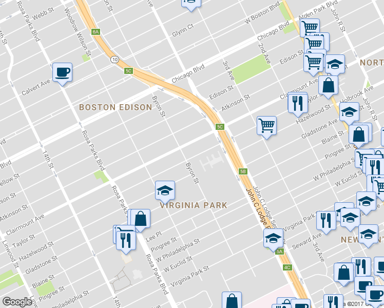 map of restaurants, bars, coffee shops, grocery stores, and more near 1224 Taylor Street in Detroit