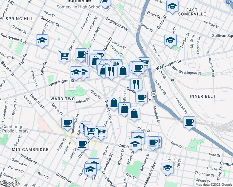 map of restaurants, bars, coffee shops, grocery stores, and more near 21 Allen Street in Somerville