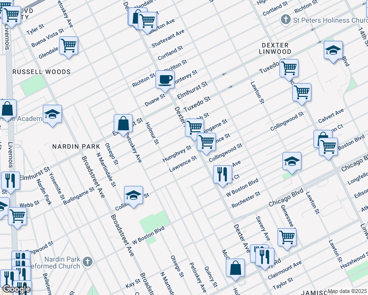 map of restaurants, bars, coffee shops, grocery stores, and more near 3746 Humphrey St in Detroit