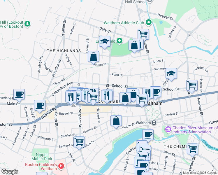 map of restaurants, bars, coffee shops, grocery stores, and more near 47b Bacon Street in Waltham