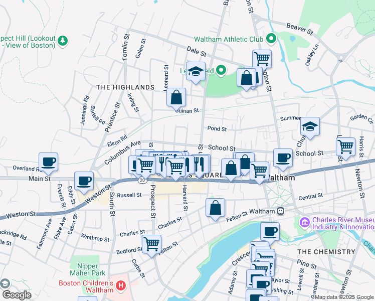 map of restaurants, bars, coffee shops, grocery stores, and more near 48 Fiske Street in Waltham