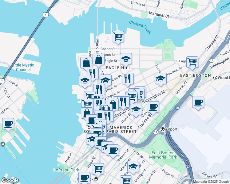 map of restaurants, bars, coffee shops, grocery stores, and more near 80 Lexington Street in Boston