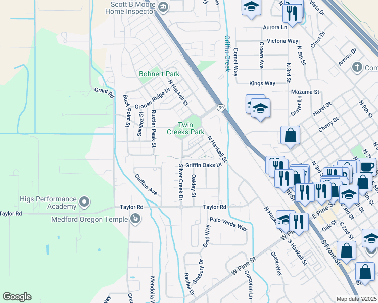 map of restaurants, bars, coffee shops, grocery stores, and more near 630 Blue Moon Drive in Central Point