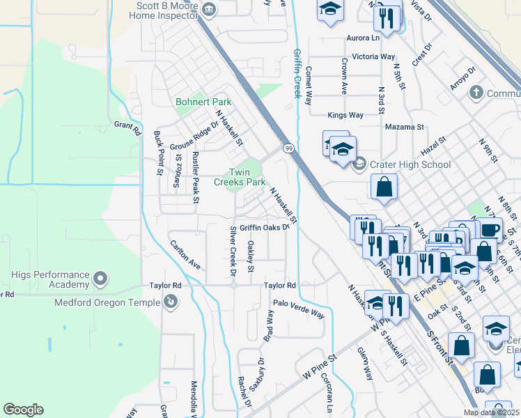 map of restaurants, bars, coffee shops, grocery stores, and more near 653 Blue Moon Drive in Central Point