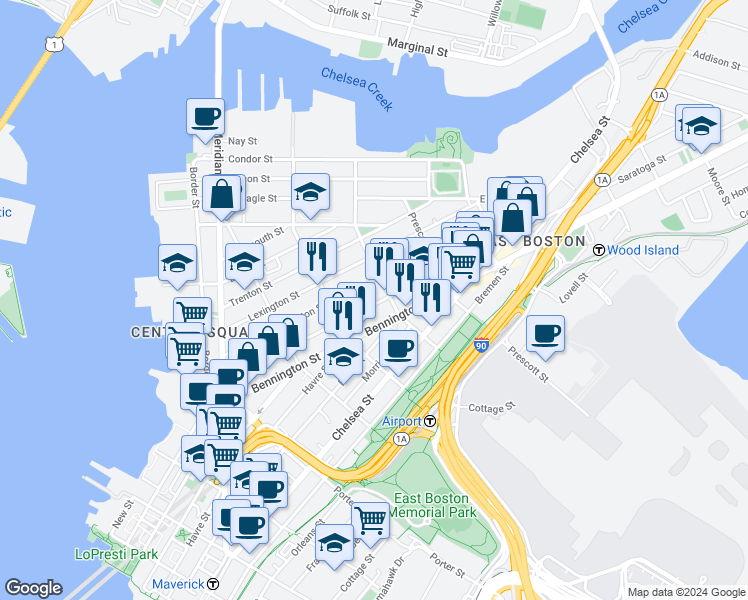 map of restaurants, bars, coffee shops, grocery stores, and more near 244 Saratoga Street in Boston