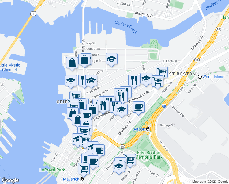 map of restaurants, bars, coffee shops, grocery stores, and more near 132 Princeton Street in Boston