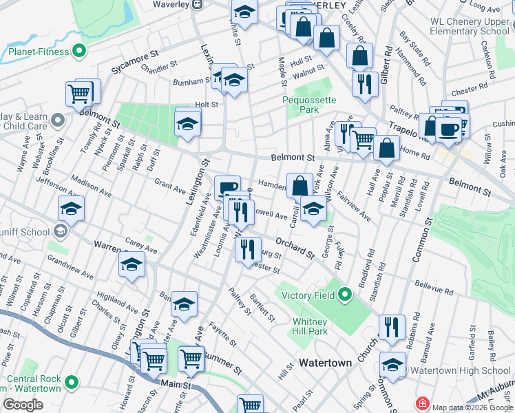 map of restaurants, bars, coffee shops, grocery stores, and more near 36 Lowell Avenue in Watertown