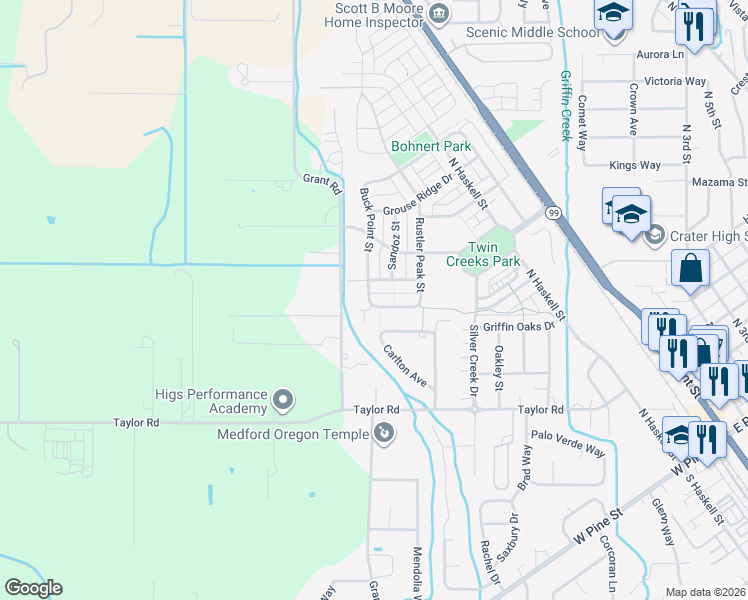 map of restaurants, bars, coffee shops, grocery stores, and more near 1134 Steamboat Drive in Central Point