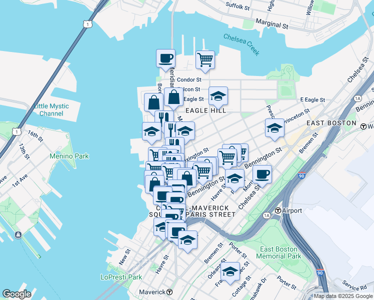 map of restaurants, bars, coffee shops, grocery stores, and more near 33 Trenton Street in Boston