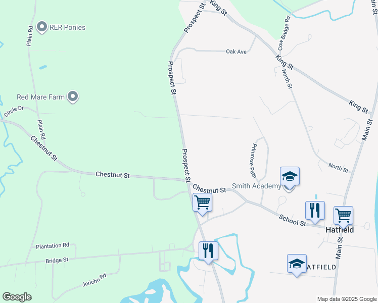 map of restaurants, bars, coffee shops, grocery stores, and more near 94 Prospect Street in Hatfield