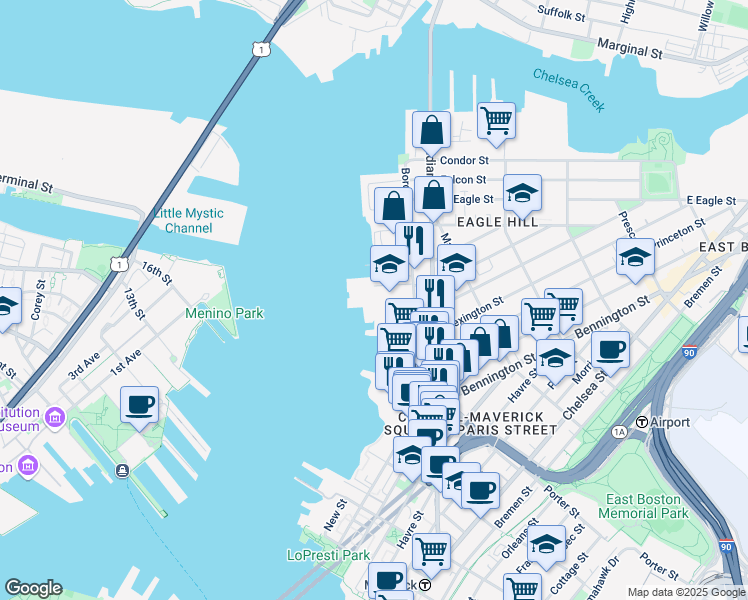 map of restaurants, bars, coffee shops, grocery stores, and more near 312 Border Street in Boston