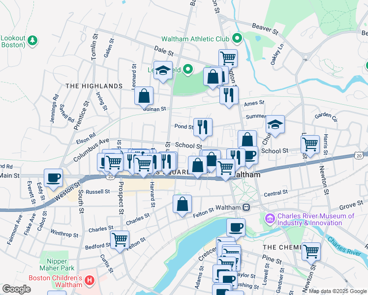map of restaurants, bars, coffee shops, grocery stores, and more near 230 School Street in Waltham