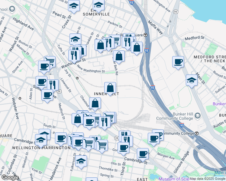 map of restaurants, bars, coffee shops, grocery stores, and more near 61 Inner Belt Rd in Somerville