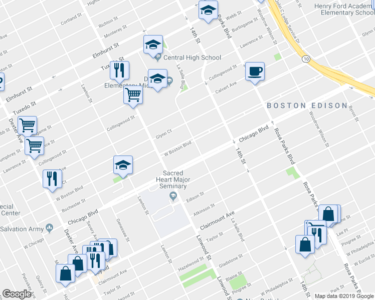 map of restaurants, bars, coffee shops, grocery stores, and more near 2445 West Boston Boulevard in Detroit