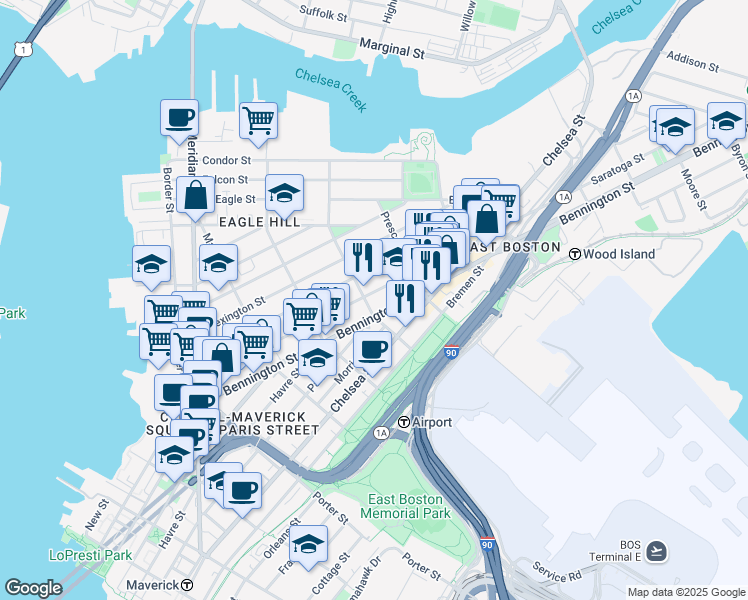map of restaurants, bars, coffee shops, grocery stores, and more near 216 Bennington Street in Boston