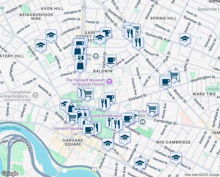 map of restaurants, bars, coffee shops, grocery stores, and more near 24 Oxford Street in Cambridge