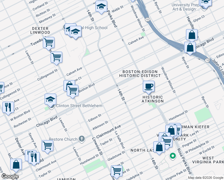 map of restaurants, bars, coffee shops, grocery stores, and more near in Detroit