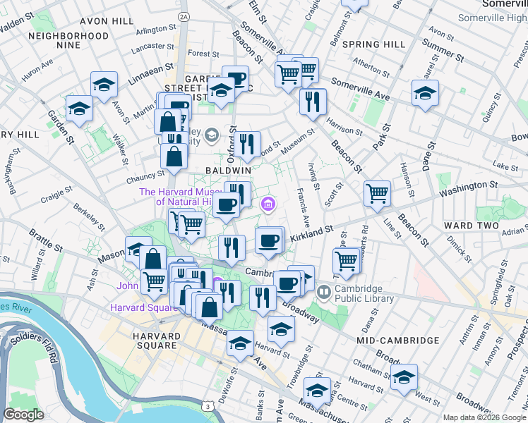 map of restaurants, bars, coffee shops, grocery stores, and more near 16 Divinity Avenue in Cambridge
