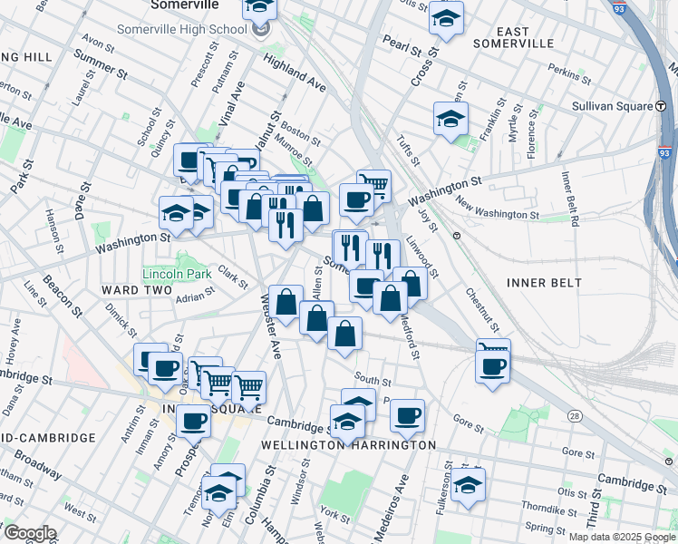 map of restaurants, bars, coffee shops, grocery stores, and more near 12 Linden Street in Somerville