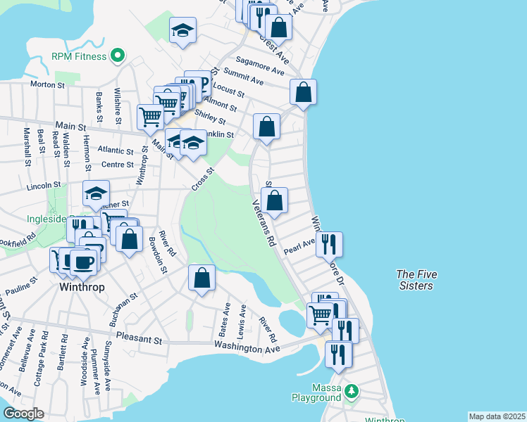 map of restaurants, bars, coffee shops, grocery stores, and more near 155 Veterans Road in Winthrop