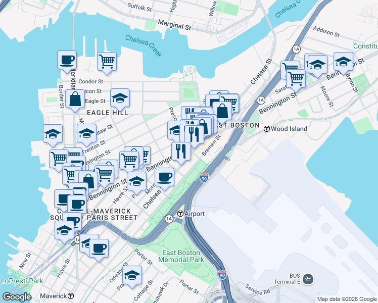 map of restaurants, bars, coffee shops, grocery stores, and more near 354 Chelsea Street in Boston