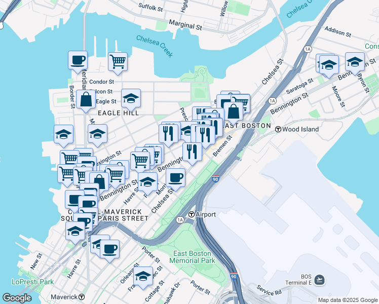 map of restaurants, bars, coffee shops, grocery stores, and more near 216 Bennington Street in Boston