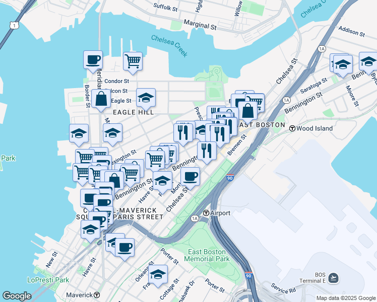 map of restaurants, bars, coffee shops, grocery stores, and more near 216 Bennington Street in Boston