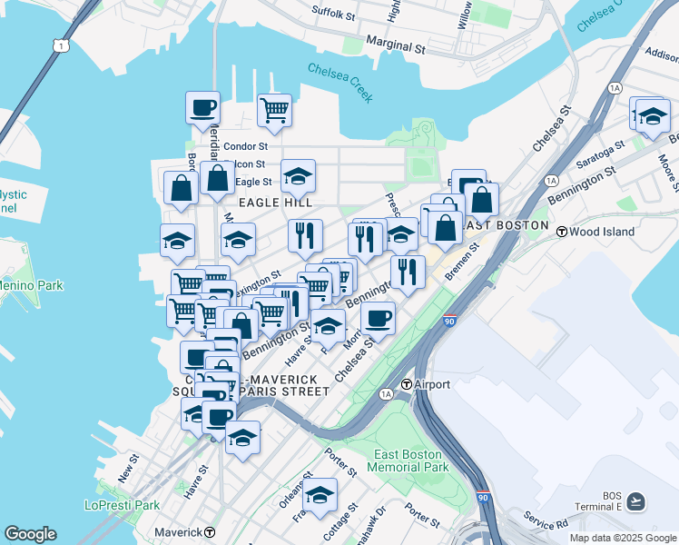 map of restaurants, bars, coffee shops, grocery stores, and more near 143 Princeton Street in Boston