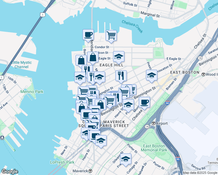 map of restaurants, bars, coffee shops, grocery stores, and more near in Boston