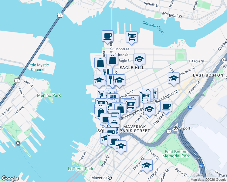 map of restaurants, bars, coffee shops, grocery stores, and more near 7 Trenton Street in Boston