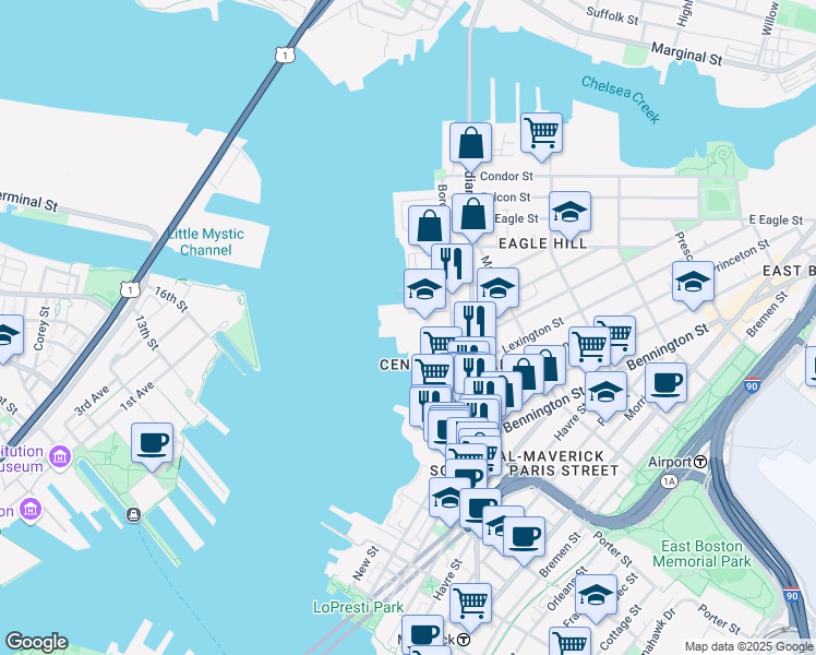 map of restaurants, bars, coffee shops, grocery stores, and more near 298-310 Border Street in Boston