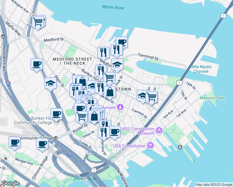 map of restaurants, bars, coffee shops, grocery stores, and more near in Boston