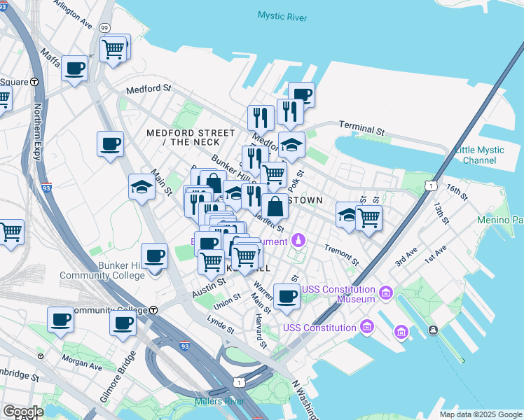 map of restaurants, bars, coffee shops, grocery stores, and more near 65 Green Street in Boston