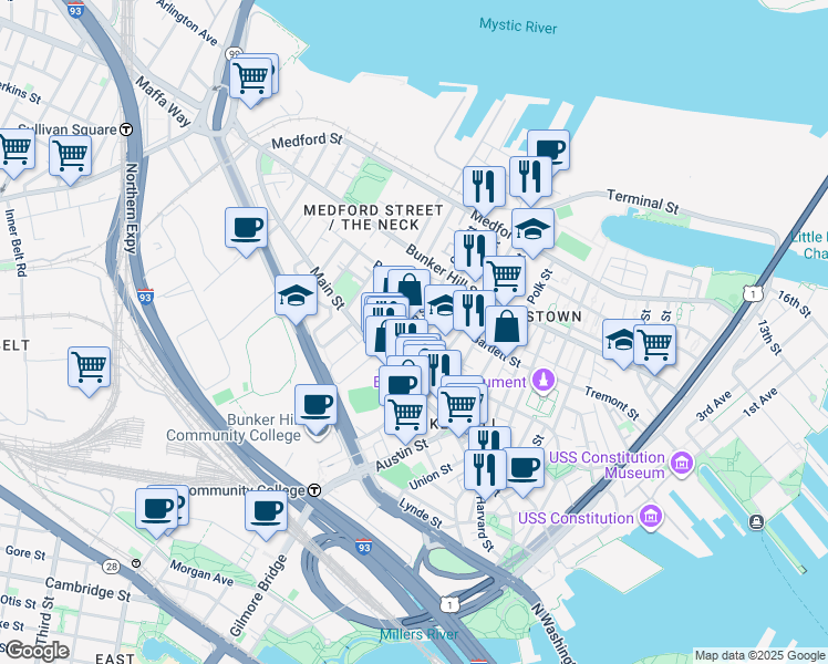 map of restaurants, bars, coffee shops, grocery stores, and more near 107 High Street in Boston