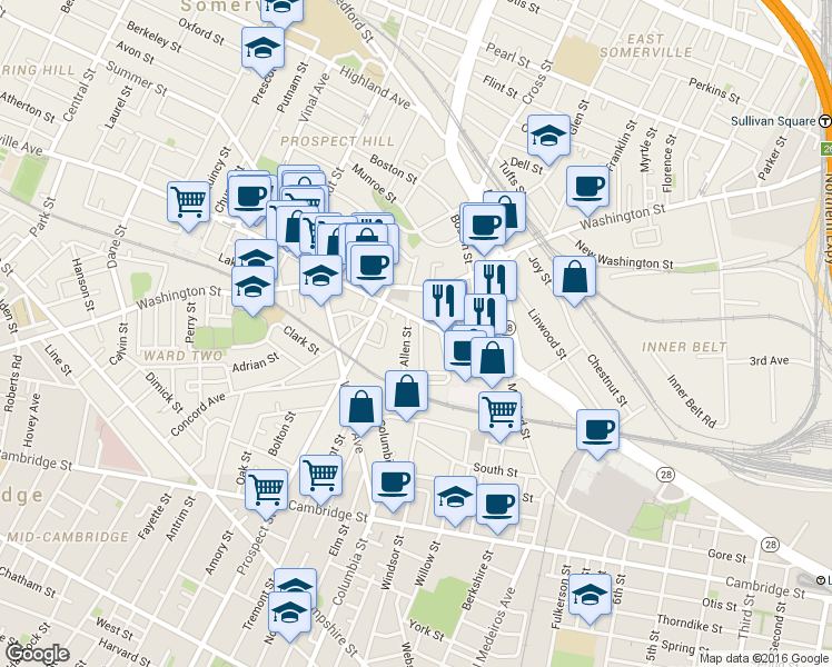 map of restaurants, bars, coffee shops, grocery stores, and more near 12 Linden Street in Somerville