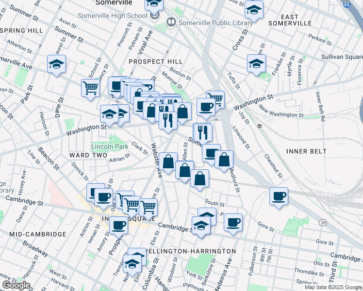 map of restaurants, bars, coffee shops, grocery stores, and more near 33-65 Bennett Court in Somerville
