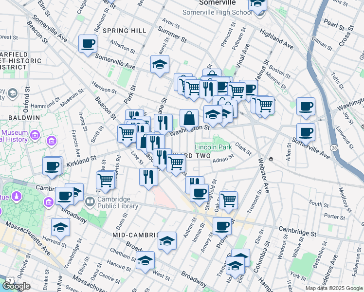 map of restaurants, bars, coffee shops, grocery stores, and more near 35 Rose Street in Somerville